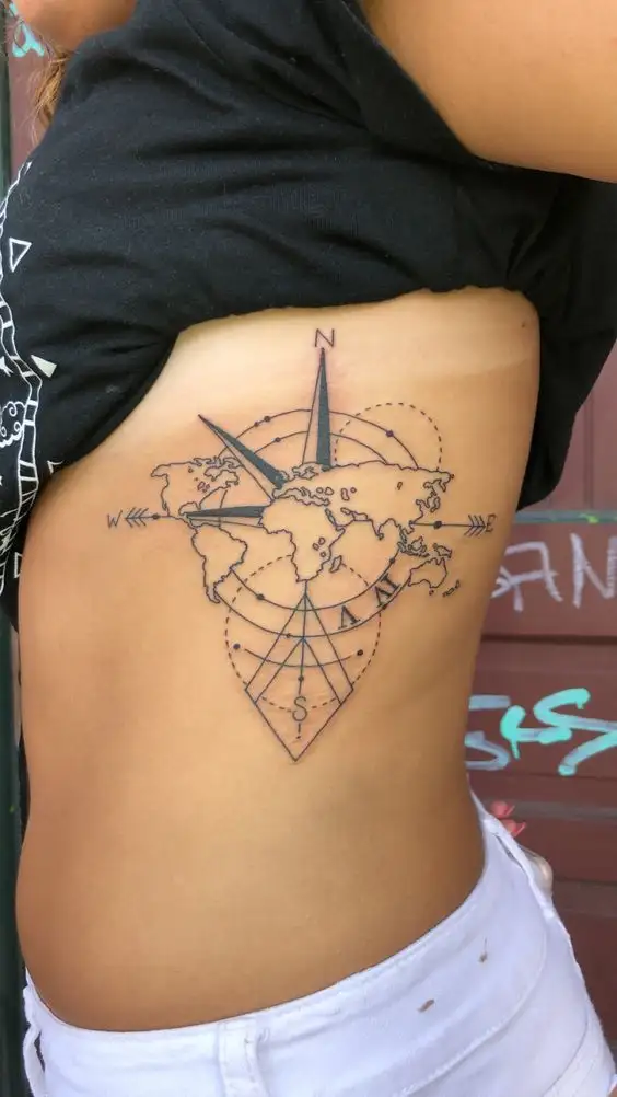 Travel-themed Rib Cage Tattoo